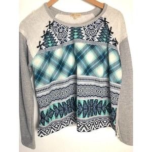 Democracy Top Women's Small Sweater Shirt Gray Long Sleeve Casual Pattern Frayed